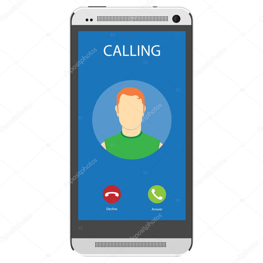Incoming call on smartphone screen. Flat design raster illustration. Calling service. Modern concept for web banners, web sites, infographics. Creative flat design raster illustration