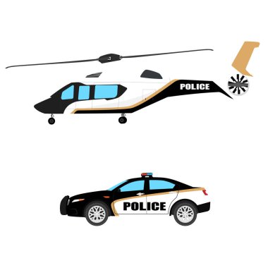 Polis helikopter ve araba simgesi. Uçak araç. Aciliyet ve Acil polis hizmetleri taşıma. raster illüstrasyon 