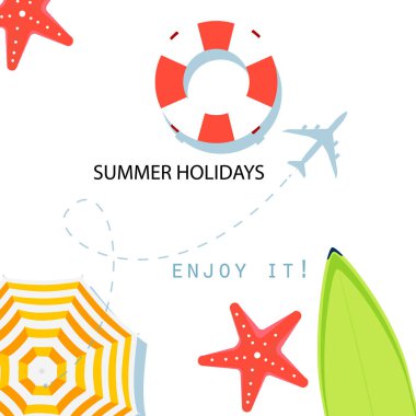 Yaz saati raster banner tasarımı renkli plaj öğeleri beyaz arka plan ile. raster resim. Yaz tatili afiş
