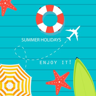 Yaz saati raster banner tasarımı renkli plaj öğeleri mavi arka plan ile. raster resim. Yaz tatili afiş