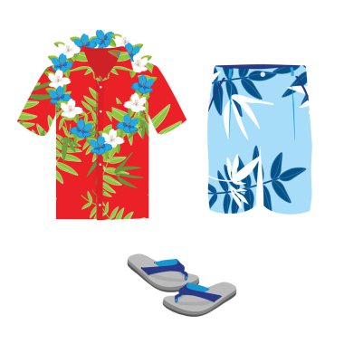 Hawaiian gömlek, plaj yaz şort, çiçek kolye ve flip flop. 