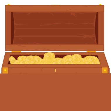 raster simgesi karikatür ile kahverengi ahşap korsan göğüs altın metal şeritler ve beyaz arka plan üzerinde hazine paralar dolu açıldı