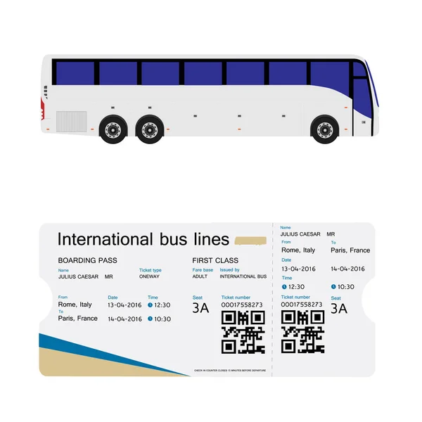 raster illustration bus and boarding pass ticket template design isolated on white. Realistic transport ticket with bar code.