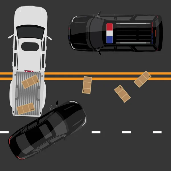 raster illustration top view of car accident with white pick up car and black sedan on road. Police car