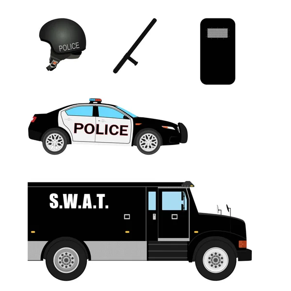 Transporte Policial Vehículos Casco Policía Escudo Palo Ilustración Raster — Foto de Stock