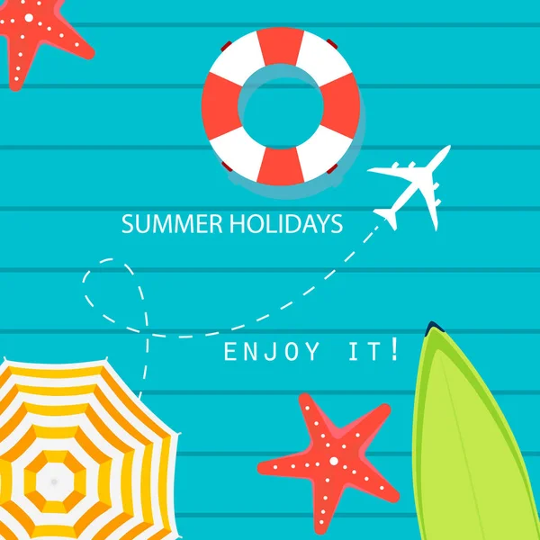 青色の背景にカラフルなビーチ要素と夏の時間ラスター バナー デザイン ラスターの図 夏の休日のバナー — ストック写真