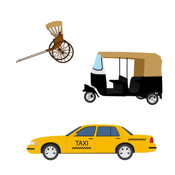 Taxi Taxi Icon Set Taxi Giallo Risciò Tirato Mano Tuk — Foto Stock