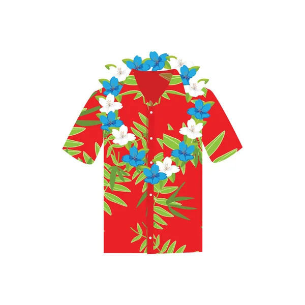 raster illustration Hawaiian aloha shirt with flower wreath, necklace. Hawaii shirt aloha beach male cloth.