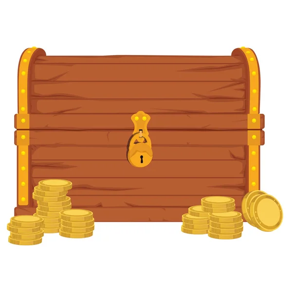 ラスター アイコン漫画クローズ金色金属のストライプと南京錠 白い背景の上の宝のコインの茶色の木製海賊胸 — ストック写真