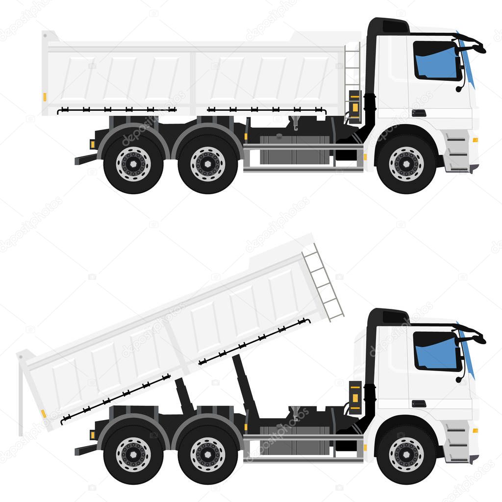 White dump truck Hi-detailed raster template for Mock Up. Realistic Delivery Service Vehicle isolated on background for Advertising design