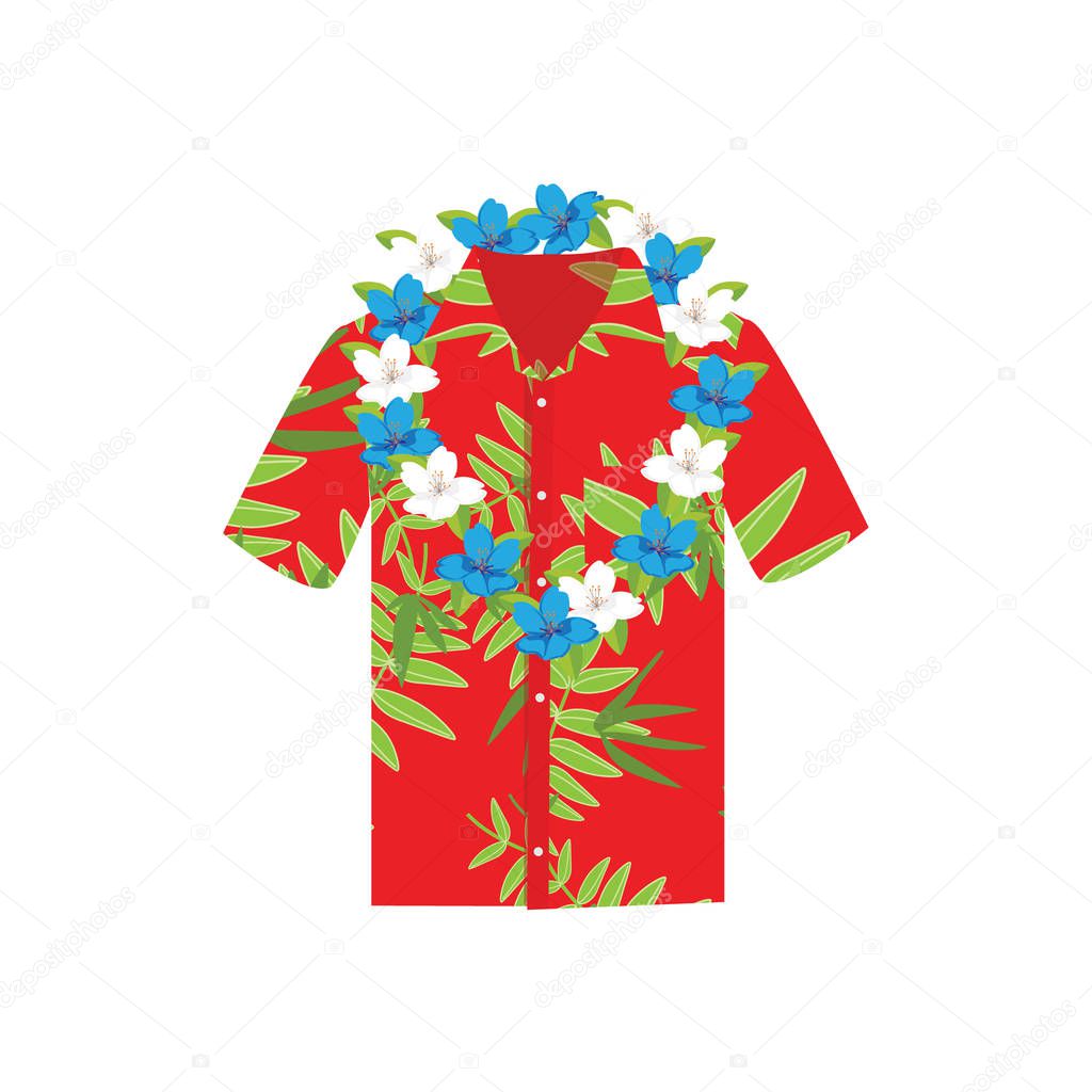 raster illustration Hawaiian aloha shirt with flower wreath, necklace. Hawaii shirt aloha beach male cloth. 