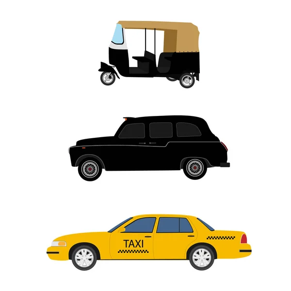 Таксі кабіни значок набір: жовте таксі, Лондон кабіни і індійський тук-тук мото рикші. — стокове фото