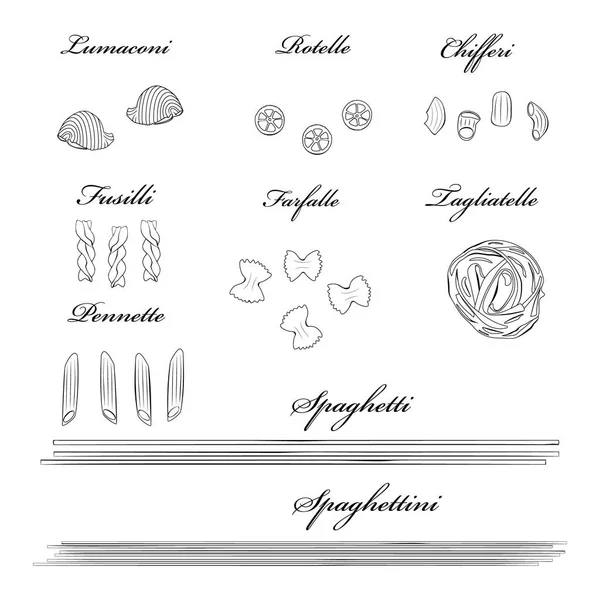 Diversi tipi di pasta italiana autentica. Set disegnato a mano. Modello di menu o cartello per ristorante . — Foto Stock