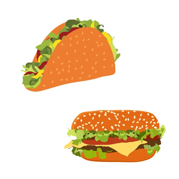 Raster illustration set of fast food illustrations burger hamburger or cheeseburger and traditional mexican fast food taco isolated on white background. — Stock Photo, Image