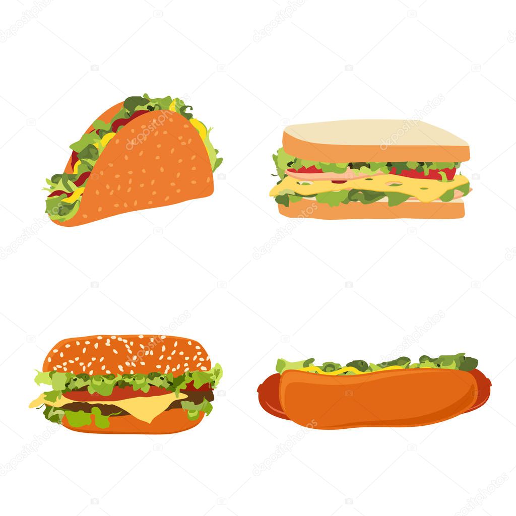 Raster illustration set of fast food illustrations hotdog, sandwich, burger hamburger or cheeseburger and traditional mexican fast food taco.