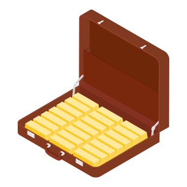 Kahverengi evrak çantası, diplomat altın çubuklar izometrik görünümü dolu