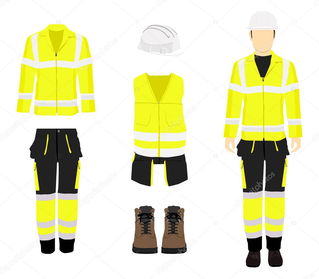 Professional protective clothes, boots and safety helmet. 