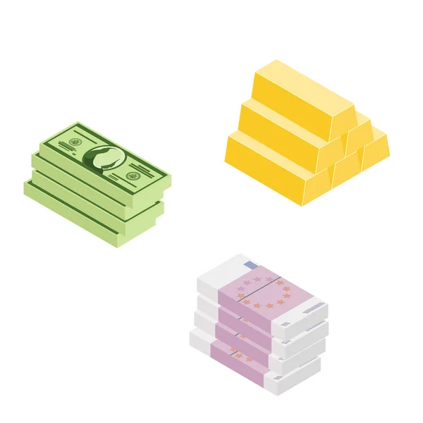Set of high quality isometric money stacks. Dollar and euro of banknotes and gold bars. — Stock Photo, Image