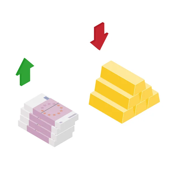 Ισομετρικό χρυσό χρυσό bar και τραπεζογραμμάτια ευρώ πάνω και κάτω βέλη. — Φωτογραφία Αρχείου