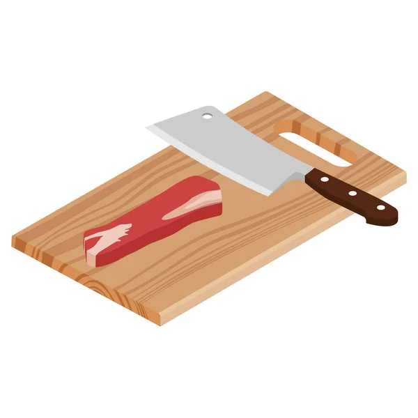 Carne de vacuno fresca cruda y cuchillo de carnicero en una tabla de cortar — Vector de stock