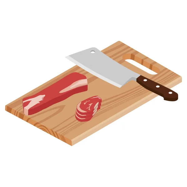 Fresh raw beef meat and butcher meat knife on a cutting board — Stock Vector
