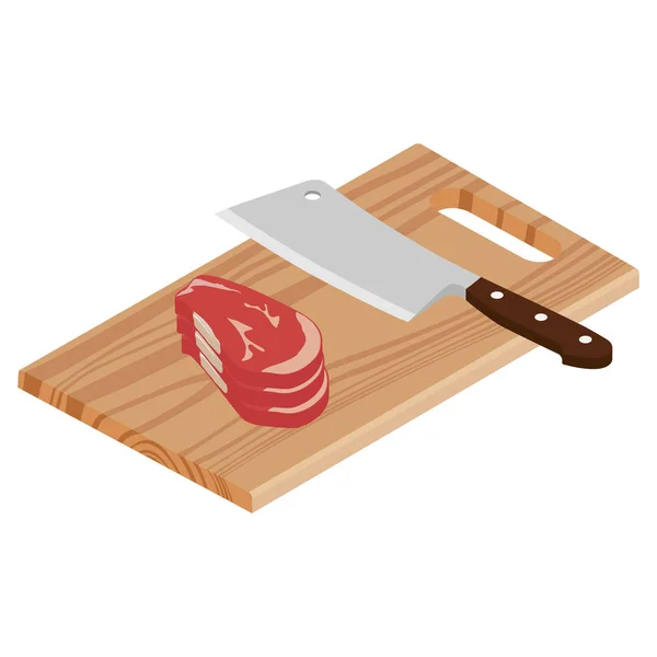 Bir kesme tahtası üzerinde taze çiğ sığır eti ve kasap et bıçağı — Stok Vektör