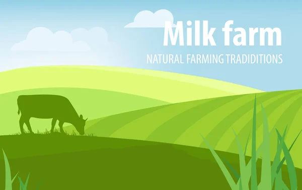 Milk farm. Natural farming traditions. Rural landscape, farm animals and design elements — Stock Vector