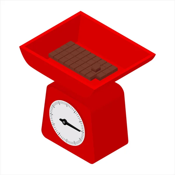Básculas de peso doméstico y barra de chocolate. Escala de peso doméstico vista isométrica — Vector de stock
