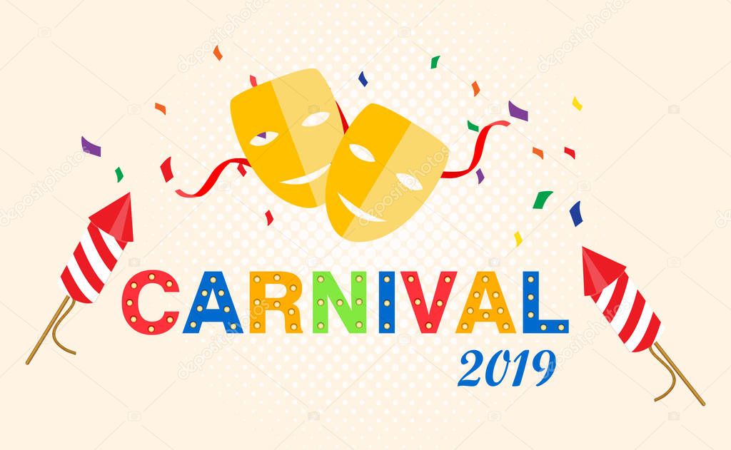 Carnival card or banner with confetti. Typography design. 2019