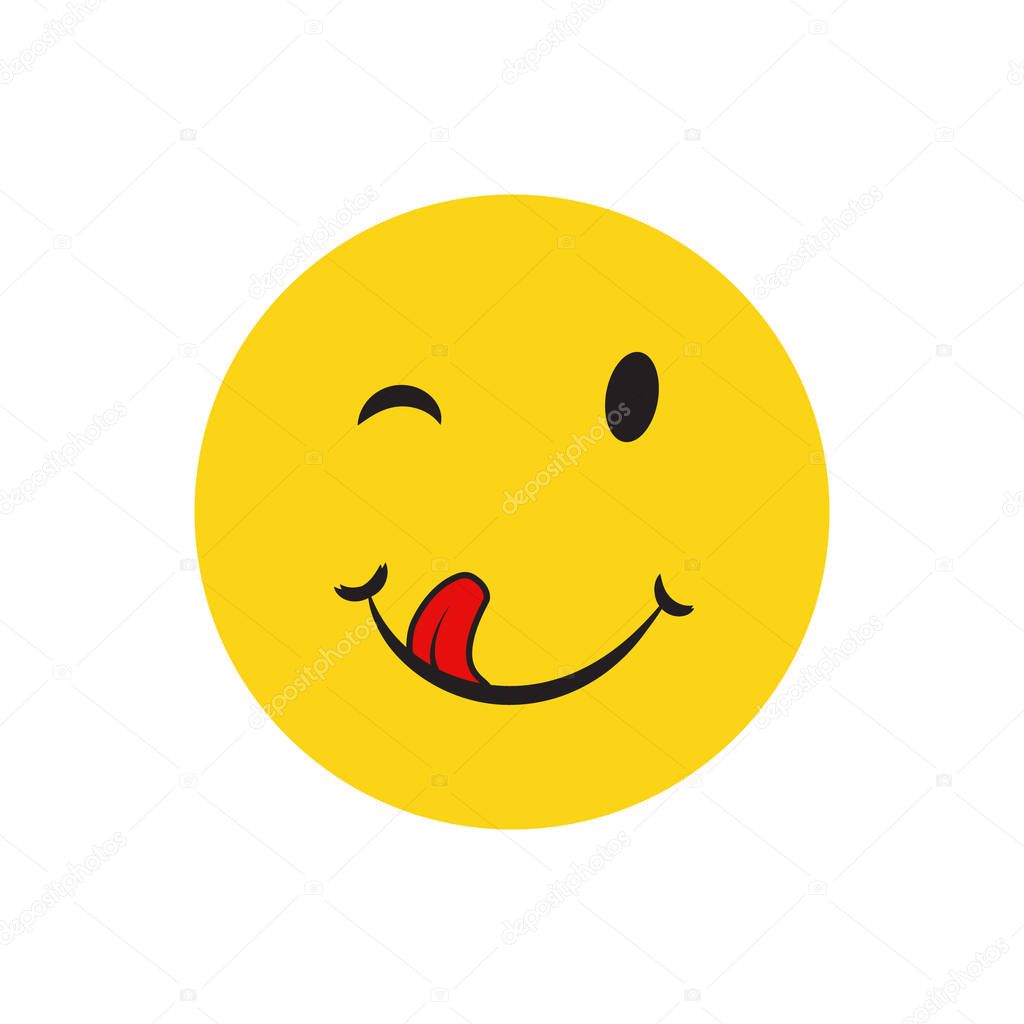 Yummy smile cartoon line emotion with tongue lick mouth. Delicious tasty food eating emoji face on yellow design background