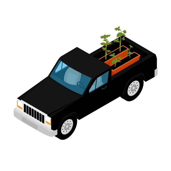 Siyah teslimat kamyonu ve domates fideleri. Kamyona yükleniyor. — Stok Vektör