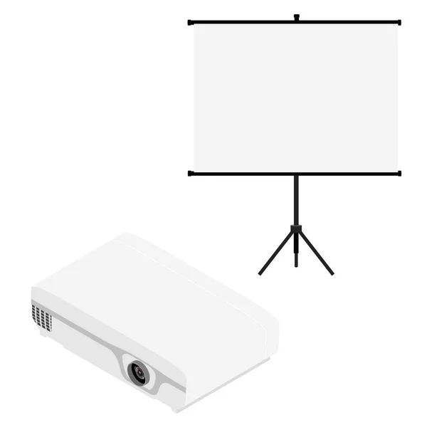 Proyector y pantalla vista isométrica. Proyector de vídeo realista y pantalla vacía en blanco — Vector de stock