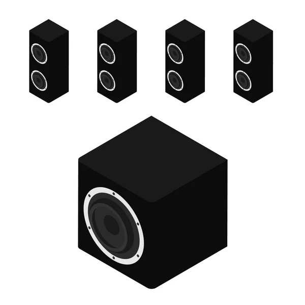 Zwarte akoestische luidsprekers, luidsprekers en subwoofer geïsoleerd op witte achtergrond isometrische weergave — Stockvector
