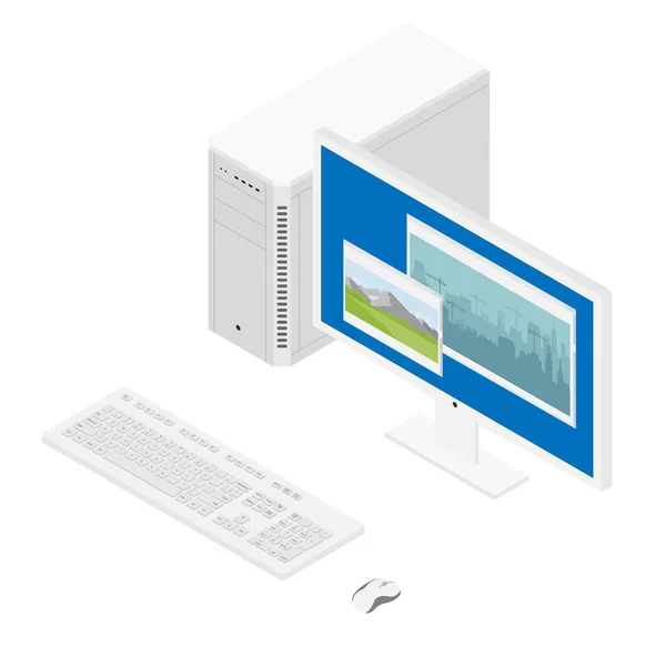 Personal computer hoesje, keybord, muis en monitor — Stockvector