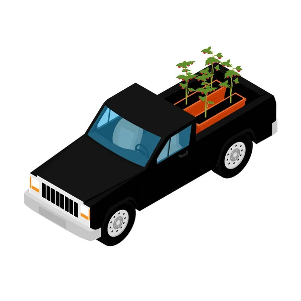 Entrega preta pickup caminhão com mudas de tomate. A carregar para o camião —  Vetores de Stock