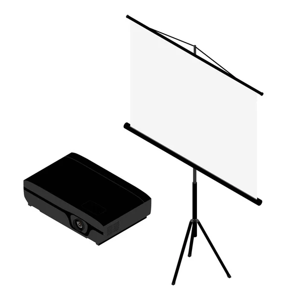 Βιντεοπροβολέας και οθόνη ισομετρική προβολή. Ρεαλιστικός προβολέας βίντεο και λευκή κενή οθόνη — Διανυσματικό Αρχείο