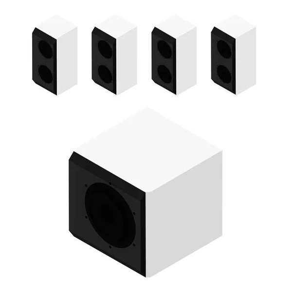 Alto-falantes acústicos brancos, alto-falantes e subwoofer isolados em fundo branco vista isométrica — Vetor de Stock