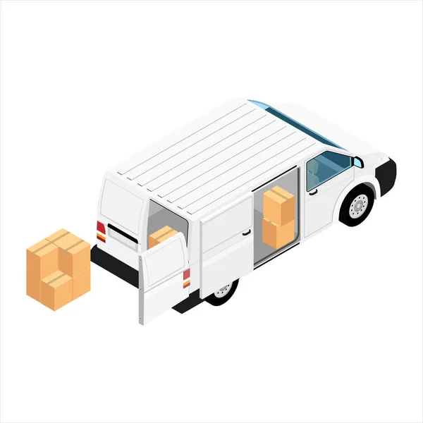 Branco minivan entrega de carga van entregar caixas de papelão —  Vetores de Stock