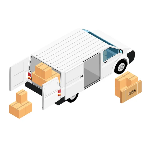 Witte minivan Cargo Delivery van leveren kartonnen dozen — Stockvector