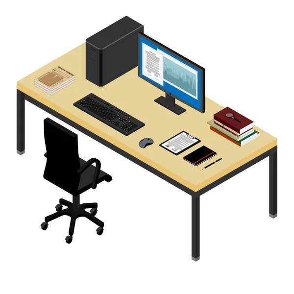 Lieu de travail bureau et fauteuil. Ordinateur, ordinateur portable, imprimante, tablette graphique, appareil photo et ordinateur portable sur le bureau . — Image vectorielle