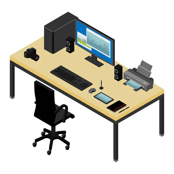 Programador freelancer local de trabalho mesa e poltrona. Computador, laptop, impressora, tablet gráfico, câmera e notebook na mesa no escritório . — Vetor de Stock