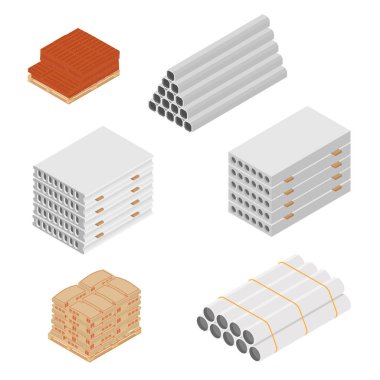 Building and construction materials vector icon set isometric view isolated on white background.  clipart
