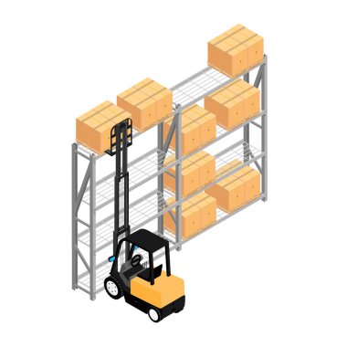 Deponun içinde raflar, paletler, forklift ve kutular var. Lojistik Teslimat Servisi Konsepti 