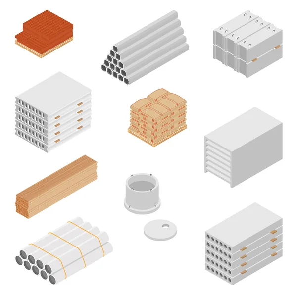 Construção e materiais de construção conjunto de ícones vetoriais vista isométrica isolada sobre fundo branco . — Vetor de Stock