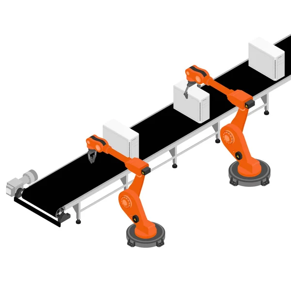 Linia montażowa z komputerami PC i automatami robotów przemysłowych w fabryce. — Wektor stockowy