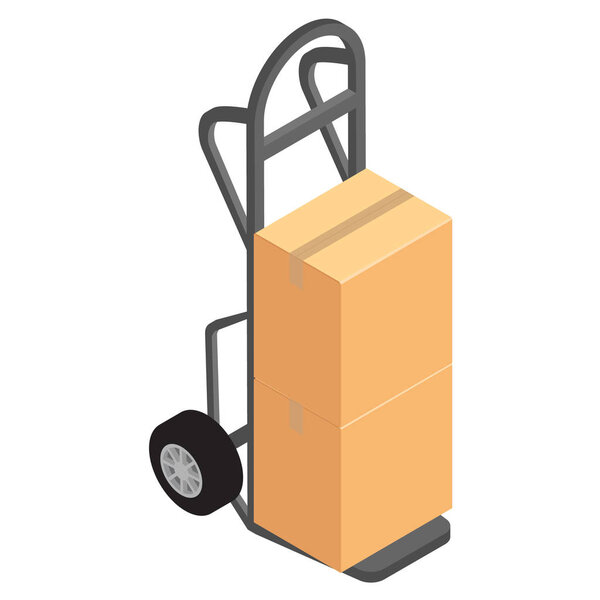 Hand truck with brown cardboard boxes vector. Package delivery