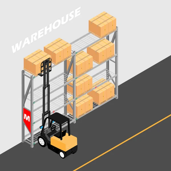 仓库内部有货架、货盘、叉车和箱子。物流服务概念 — 图库矢量图片