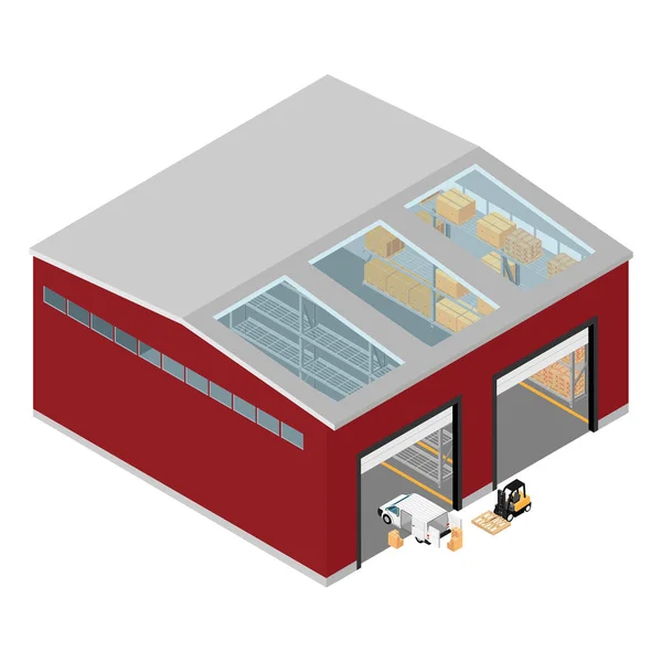 Entrepôt de construction processus de transport de fret, camion de livraison. Concept logistique. Icônes vectorielles de construction industrielle et de stockage en usine . — Image vectorielle