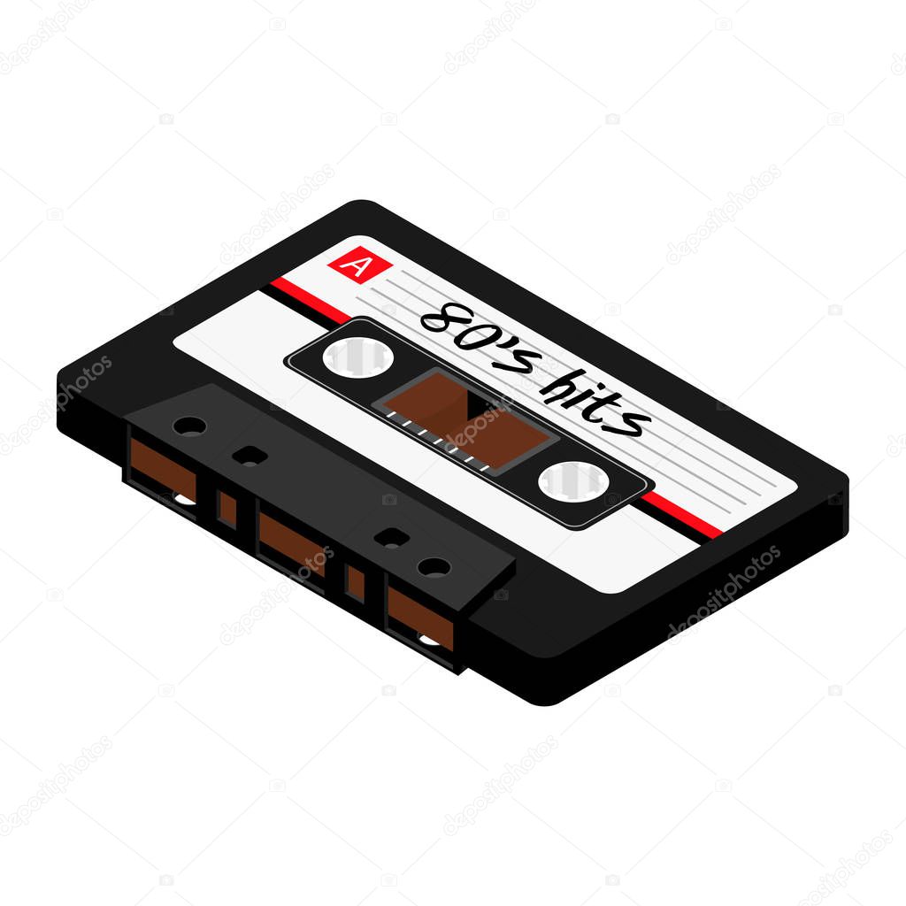 Vintage audio cassette tape isometric view isolated on white background