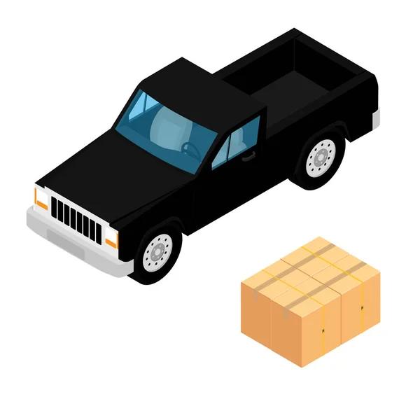 Černý nákladní automobil dodává lepenkové krabice izolované na bílém pozadí Izometrické zobrazení — Stockový vektor